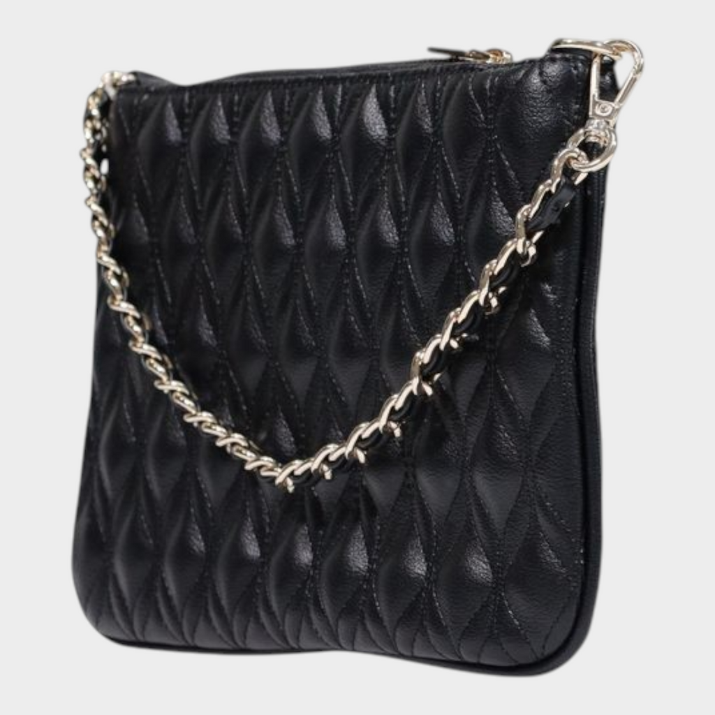 Esmire & Co Guess black quilted polyurethane clutch bag with a metallic chain strap and zip closure.
