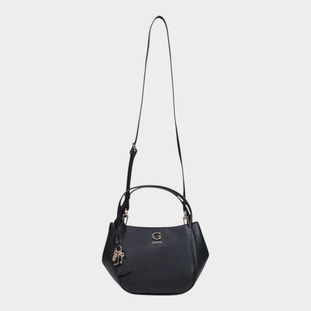 Esmire & Co black Guess Lucci girlfriend satchel with gold logo, pendant charm, and adjustable shoulder strap.