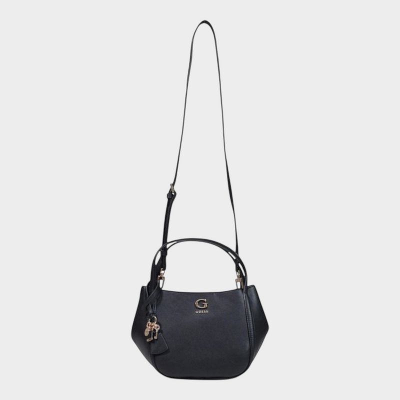Esmire & Co black Guess Lucci girlfriend satchel with gold logo, pendant charm, and adjustable shoulder strap.