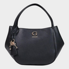 Esmire & Co black Guess Lucci girlfriend satchel in smooth polyurethane with gold logo and hanging charm