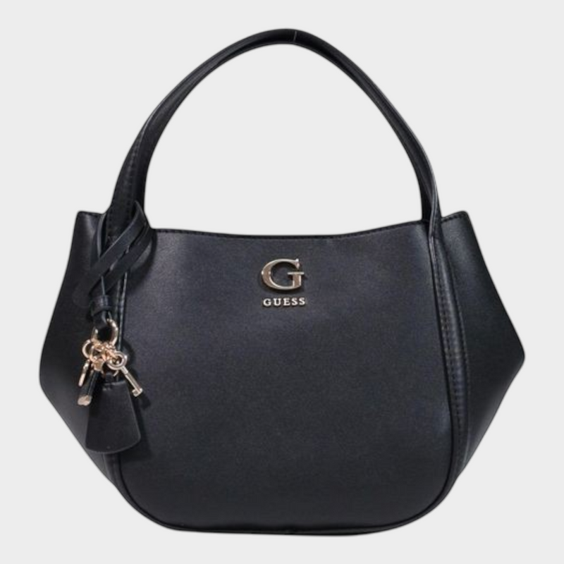 Esmire & Co black Guess Lucci girlfriend satchel in smooth polyurethane with gold logo and hanging charm