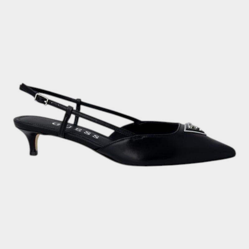 Esmire & Co Guess black polyester slingback pumps with a pointed toe, low heel, and metallic logo detail.