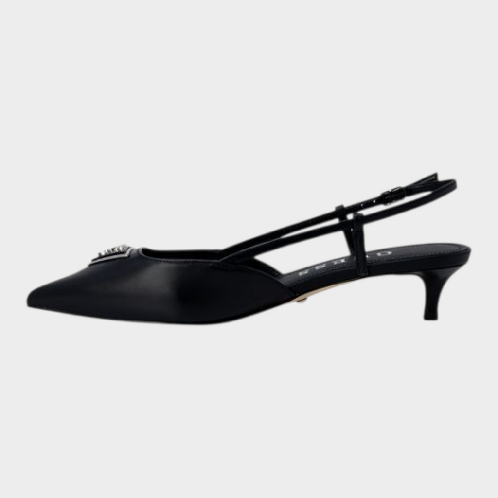 Esmire & Co Guess black polyester slingback pumps with pointed toe, low heel, and metallic logo detail