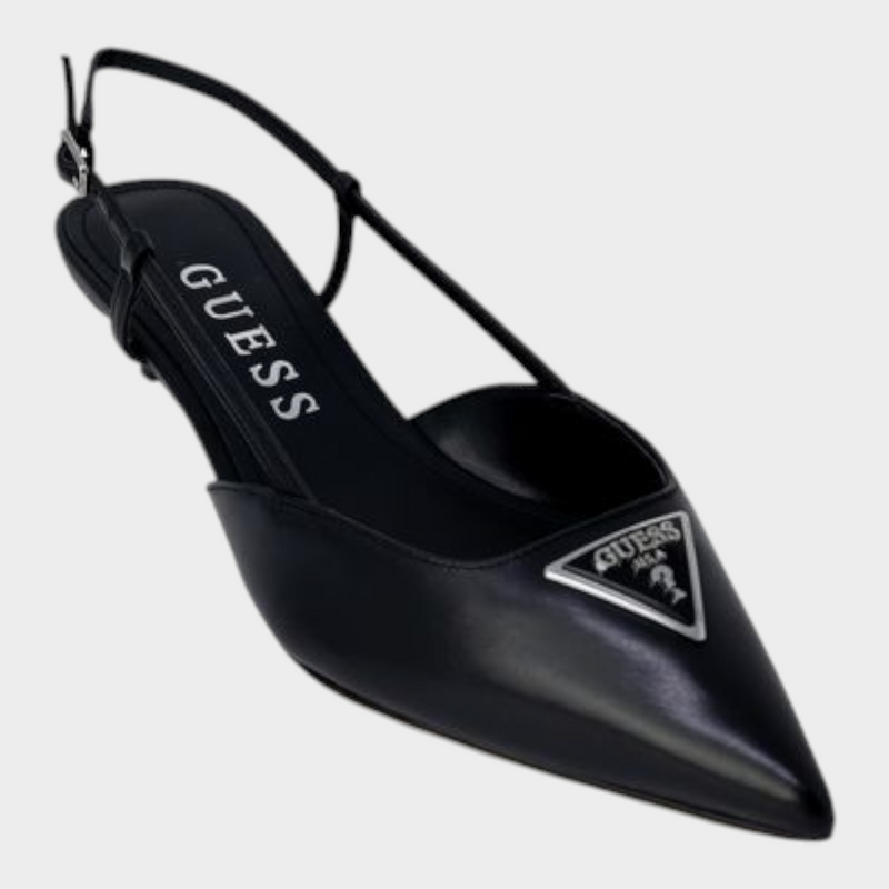 Esmire & Co black polyester Guess slingback pumps with a pointed toe, low heel, and metallic logo detail.