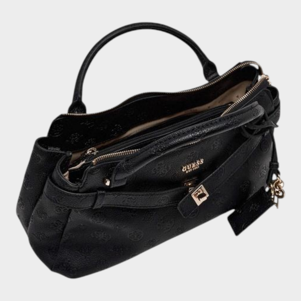 Esmire & Co black Guess Jodi tote bag in embossed polyurethane with gold hardware, top zipper, and key charm.