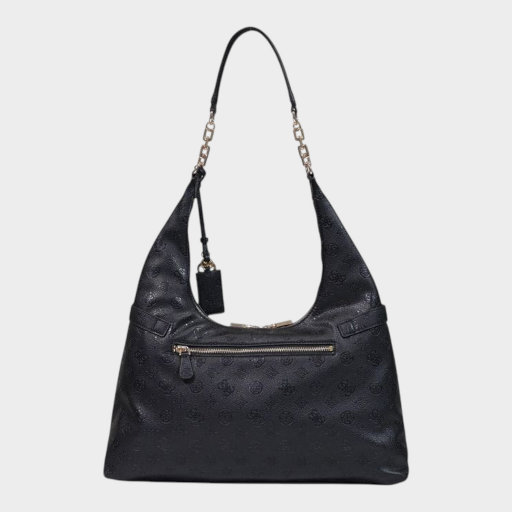 Esmire & Co black Guess Jodi tote bag in embossed polyurethane with gold-tone chain handle and front zip pocket.