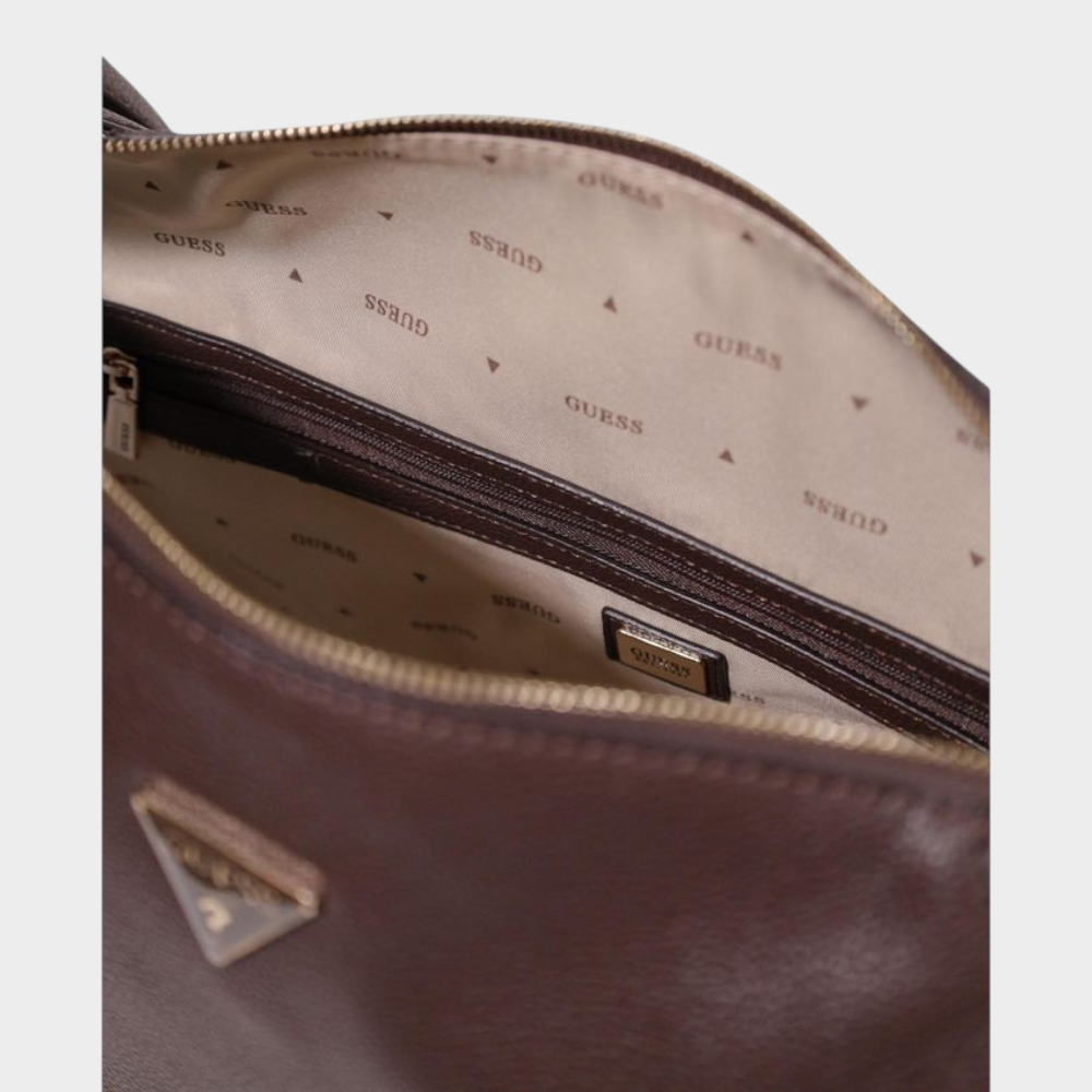 Esmire & Co brown Guess Lucci girlfriend handbag interior with branded lining and zippered pocket