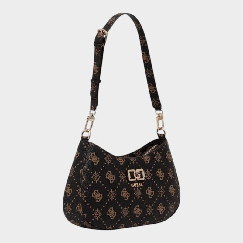 Esmire & Co Guess Emelie brown and black logo-print polyurethane handbag with gold-tone hardware and shoulder strap.