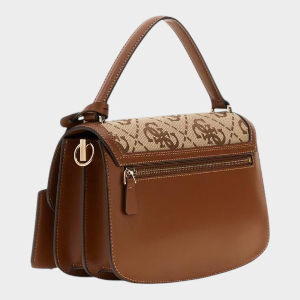 Esmire & Co Guess Audrey logo handbag in brown and beige polyester with a structured flap and metallic hardware.