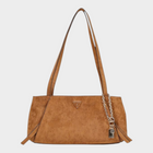 Esmire & Co Guess brown polyester handbag with suede-effect texture, double handles, and metallic chain charm.
