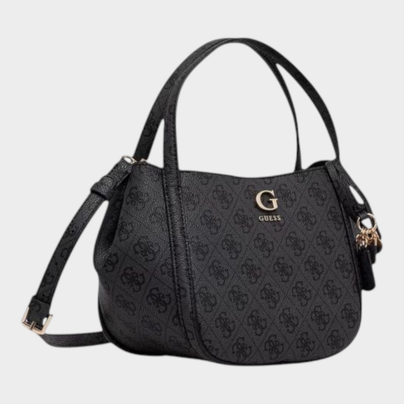 Esmire & Co Guess Coleen logo handbag in gray polyurethane with gold-tone hardware and adjustable shoulder strap.