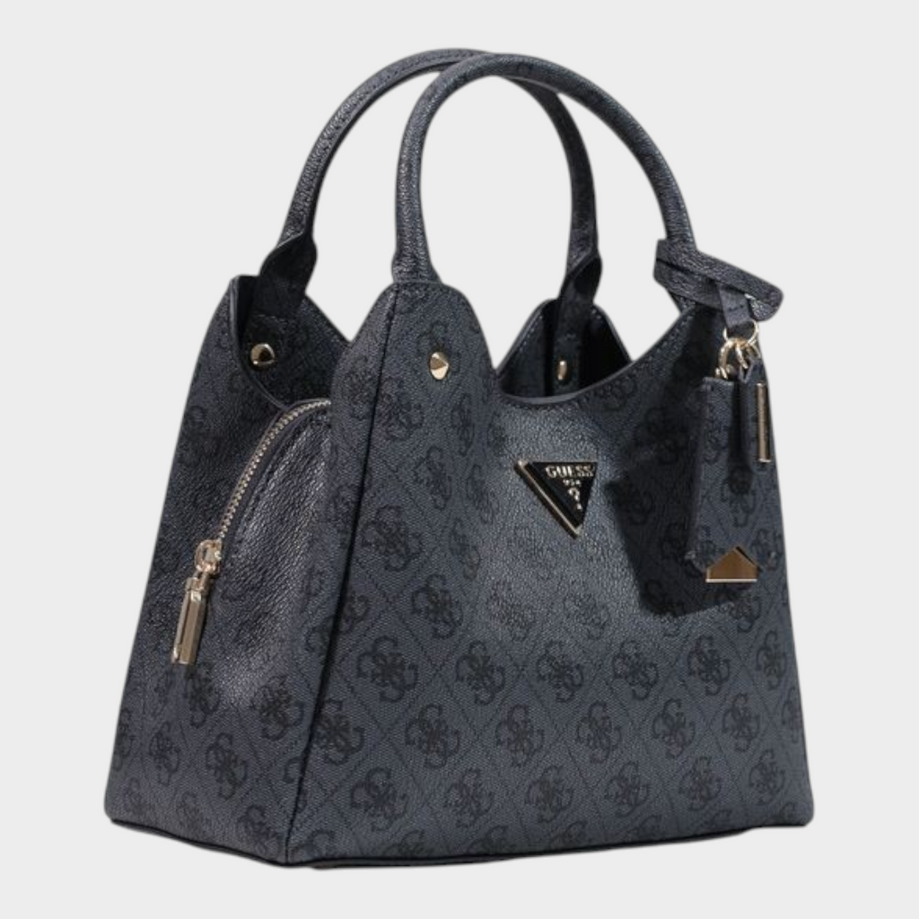 Esmire & Co Guess gray polyurethane handbag with 4G logo pattern, gold hardware, and dual handles.