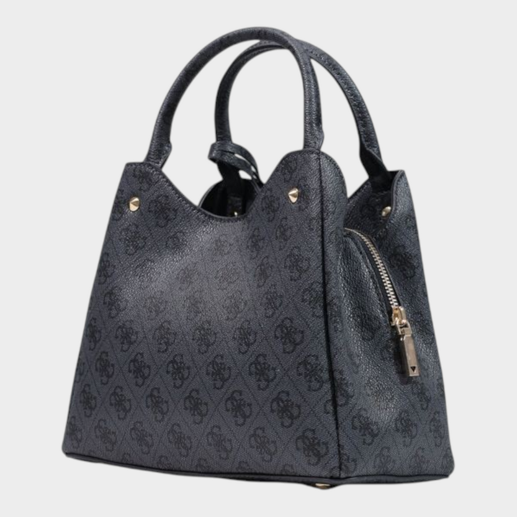 Esmire & Co Guess gray polyurethane handbag with all-over 4G logo pattern, dual handles, and gold-tone zip closure.