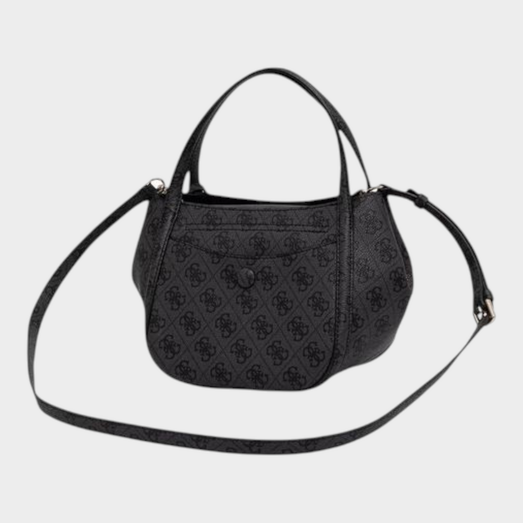Esmire & Co Guess Coleen logo small handbag in gray polyurethane with double handles and adjustable shoulder strap.