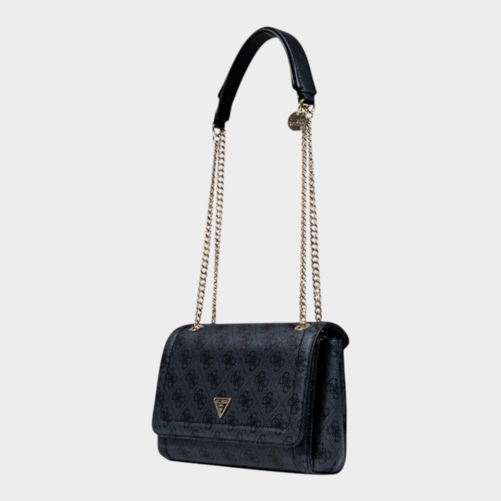 Esmire & Co gray Guess Noelle convertible crossbody handbag with all-over logo print and gold chain shoulder strap.
