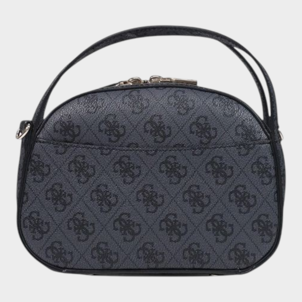Esmire & Co gray Guess logo print polyurethane handbag with double top zip closure and compact rounded design.