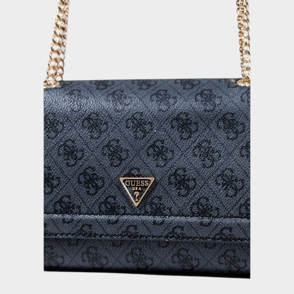 Esmire & Co Guess gray logo-patterned polyurethane crossbody handbag with gold chain strap and front flap closure