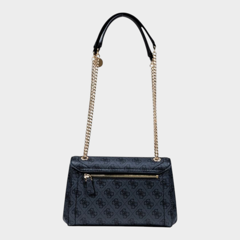 Esmire & Co Guess gray logo print polyurethane crossbody handbag with gold chain strap and rear zipper pocket