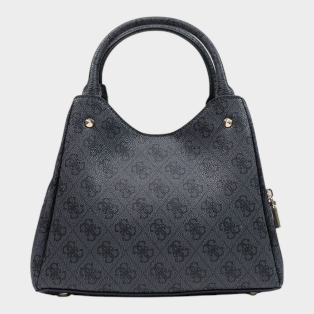 Esmire & Co Guess gray polyurethane handbag with iconic 4G logo pattern, dual handles, and gold-tone hardware.