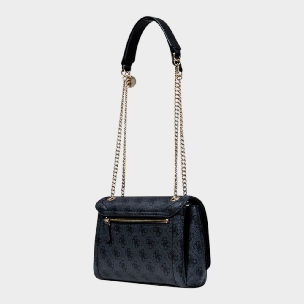 Esmire & Co Guess Noelle gray logo print crossbody handbag with gold chain strap and rear zipper pocket