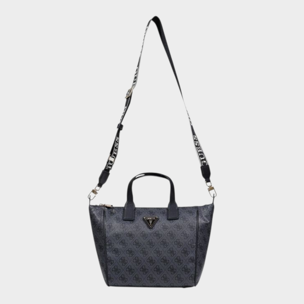 Esmire & Co Guess gray polyurethane tote bag with all-over logo print, double handles, and branded shoulder strap.