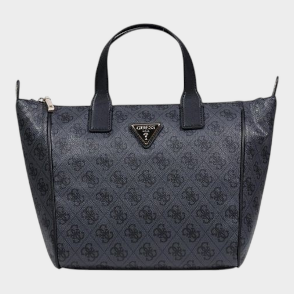 Esmire & Co Guess Follie small gray tote bag with all-over logo print, zip closure, and dual carrying handles.