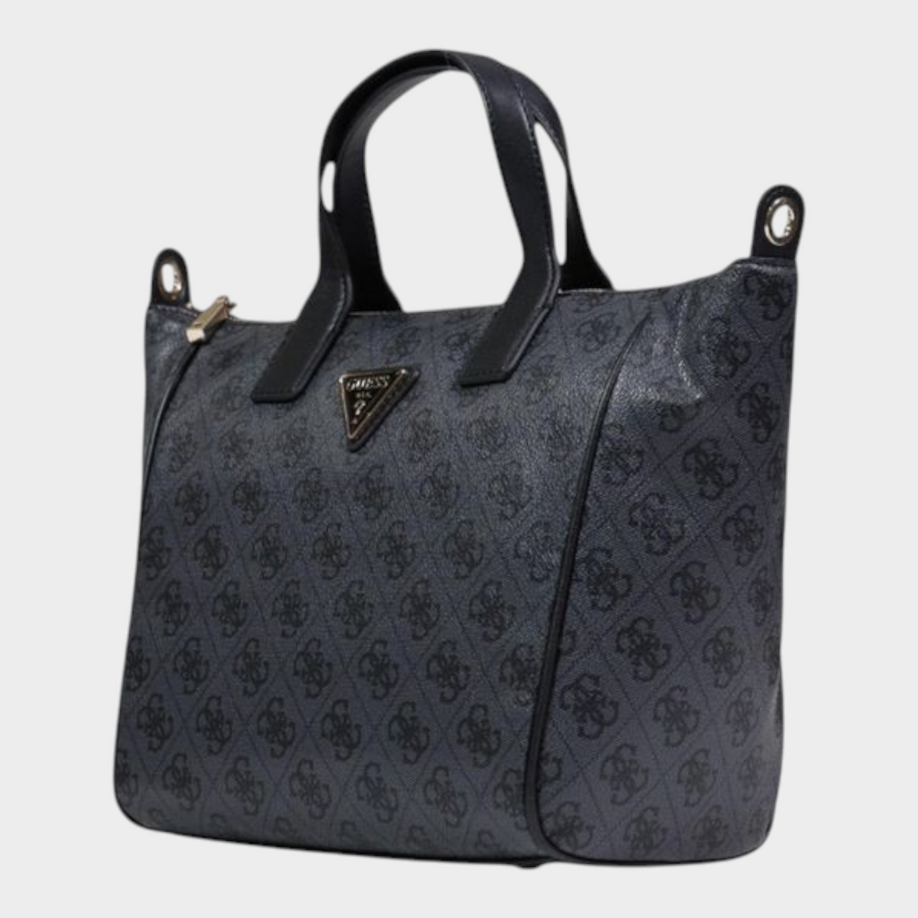Esmire & Co Guess Follie small gray tote bag with all-over logo pattern, double handles, and zip closure.