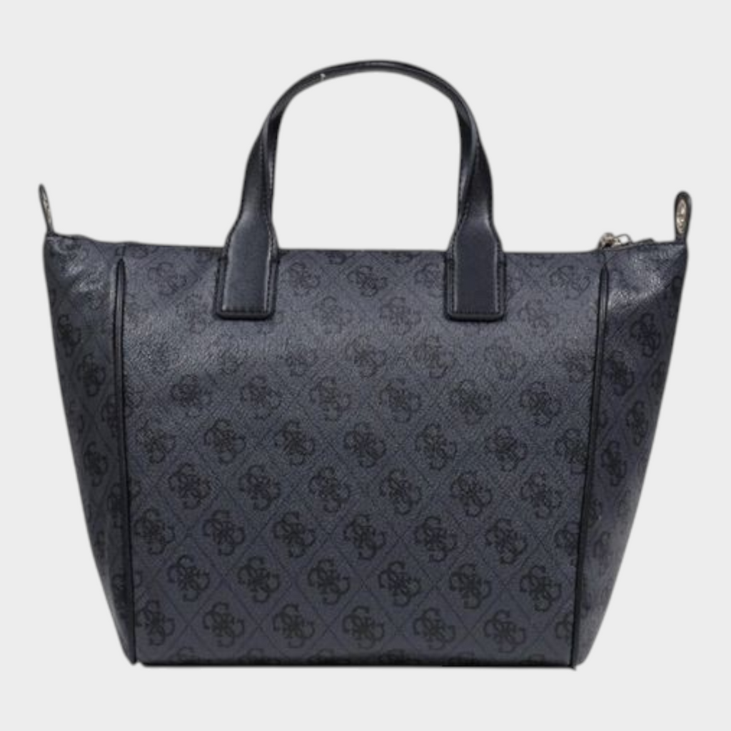 Esmire & Co Guess gray polyurethane tote bag with all-over logo print, double handles, and zip closure.