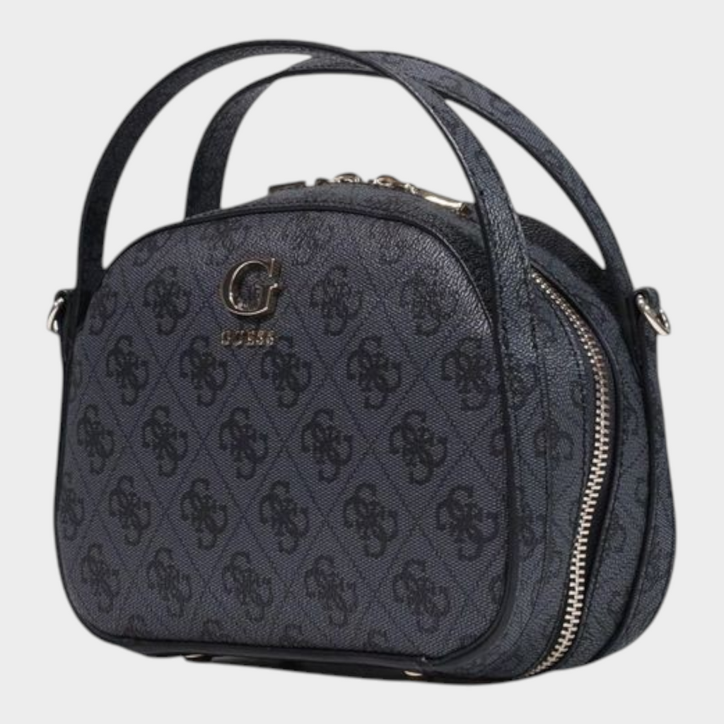 Esmire & Co Guess gray polyurethane handbag with all-over logo print, double handles, and front metal logo detail.