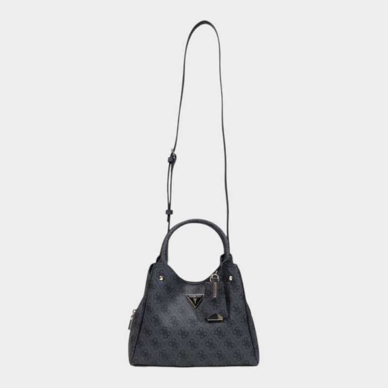 Esmire & Co Guess gray polyurethane handbag with 4G logo pattern, gold charm, and adjustable shoulder strap.