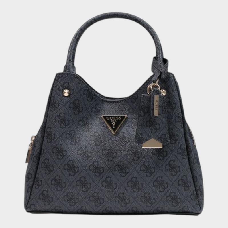 Esmire & Co Guess gray polyurethane handbag with 4G logo pattern, gold charm, and dual handles on a white background.