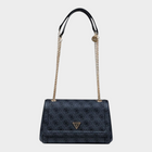 Esmire & Co Guess Noelle gray polyurethane crossbody handbag with all-over logo print and gold chain shoulder strap