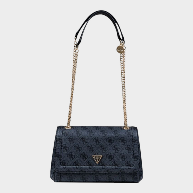 Esmire & Co Guess Noelle gray polyurethane crossbody handbag with all-over logo print and gold chain shoulder strap