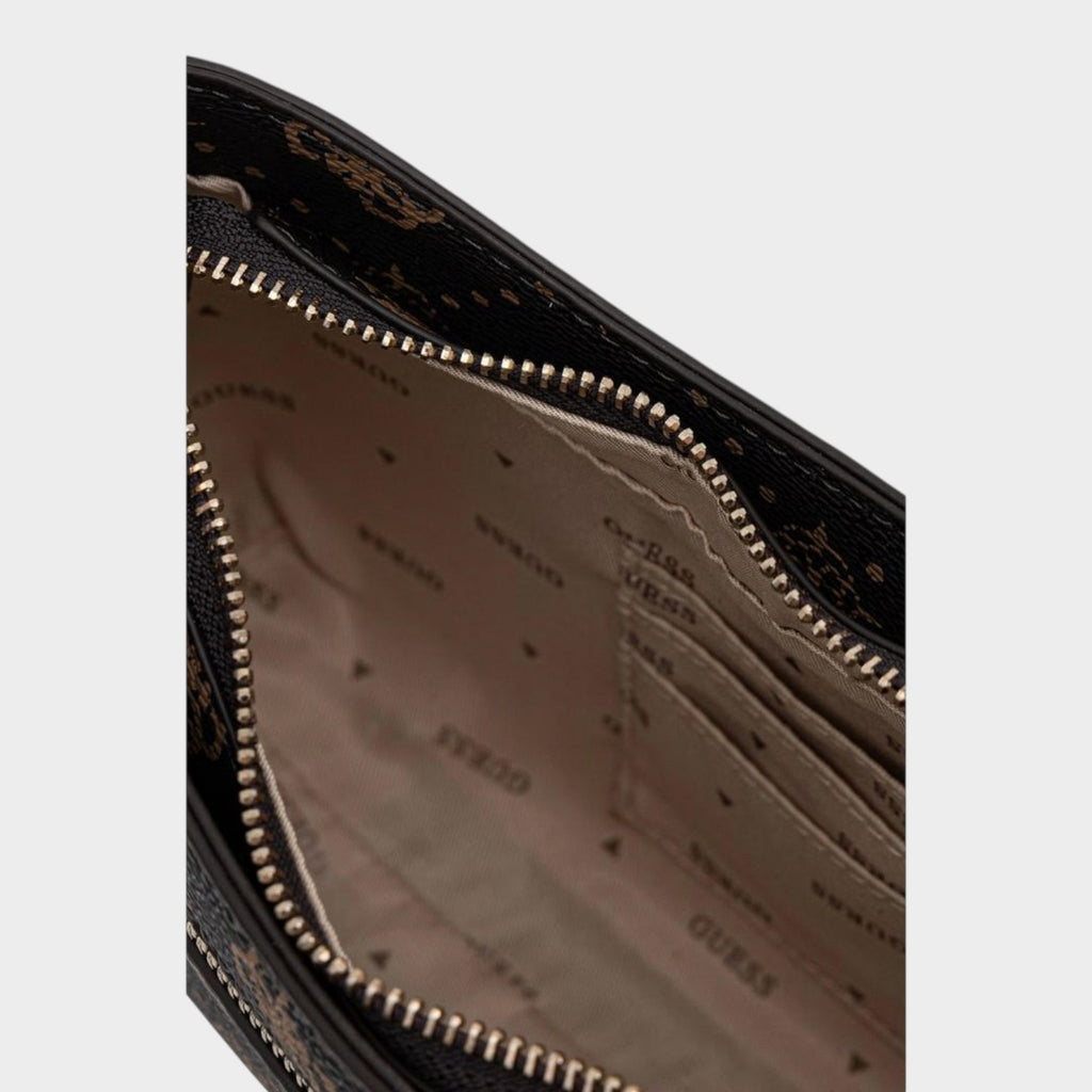 Esmire & Co brown Guess handbag interior with logo-patterned lining, zip closure, and internal card slots