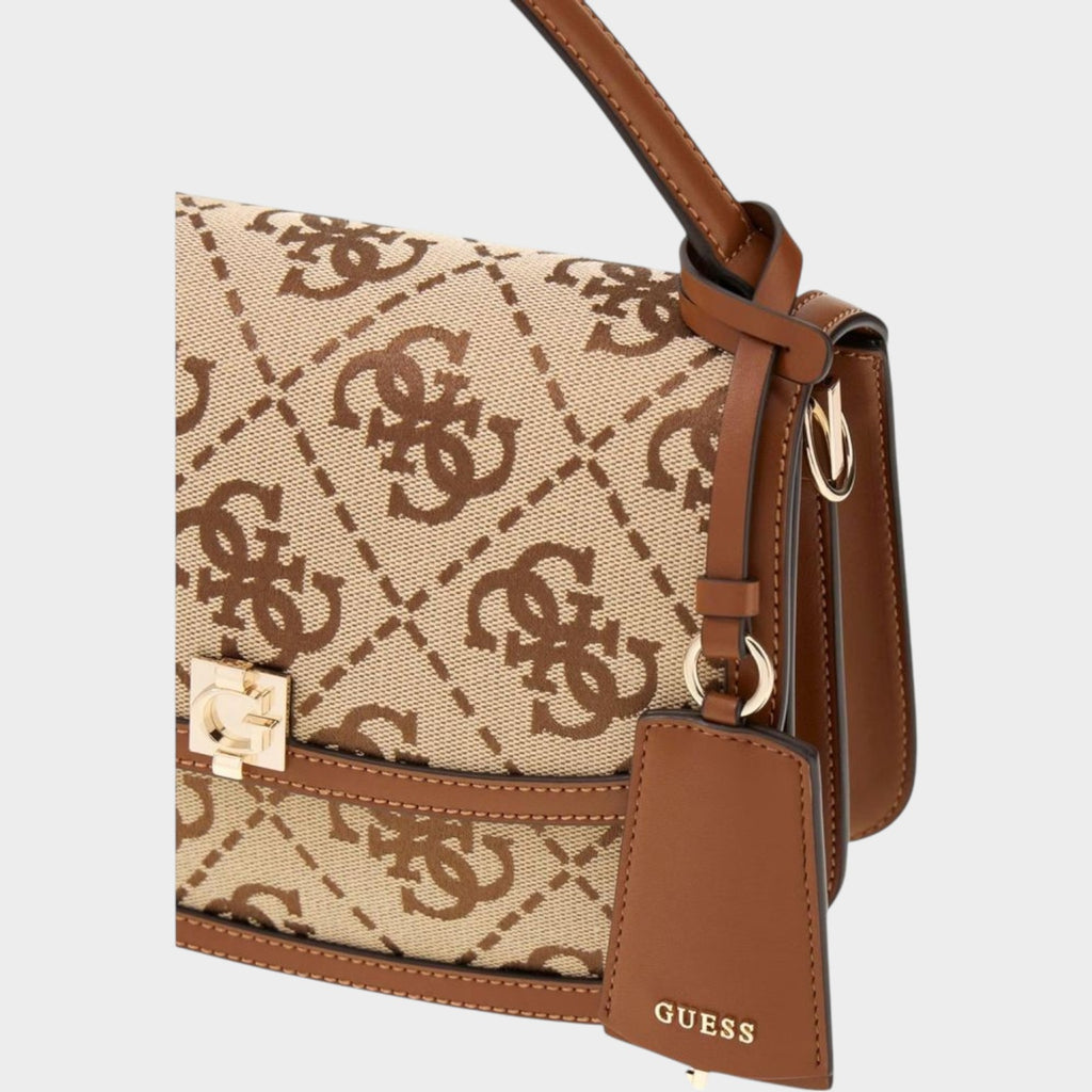 Esmire & Co Guess Audrey logo handbag in beige and brown polyester with a metallic G logo and branded key charm.