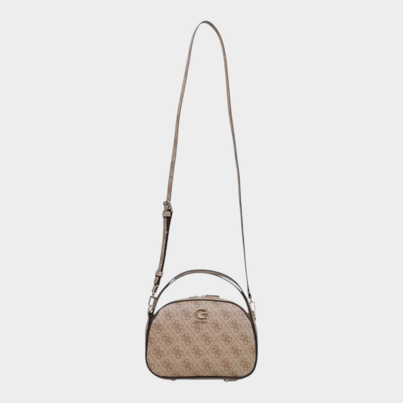 Esmire & Co Guess Coleen logo print handbag in beige with double handles and adjustable shoulder strap.