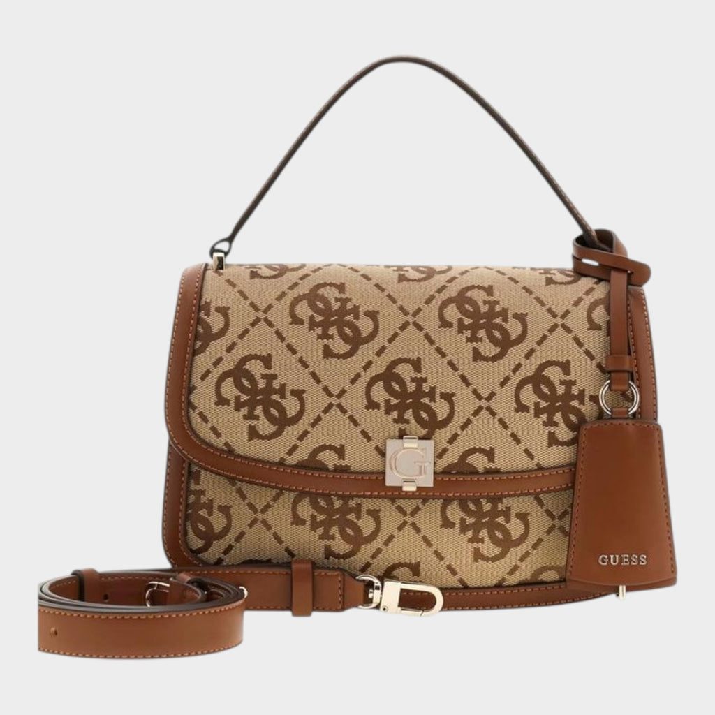 Esmire & Co Guess Audrey logo handbag in beige and brown polyester with a structured flap and detachable strap.
