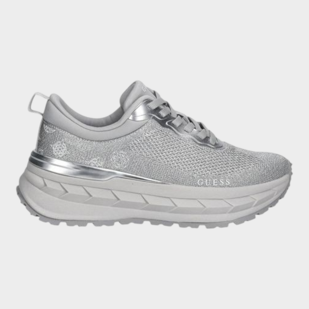 Esmire & Co Guess silver polyester chunky sneakers with a metallic logo and cushioned platform sole.