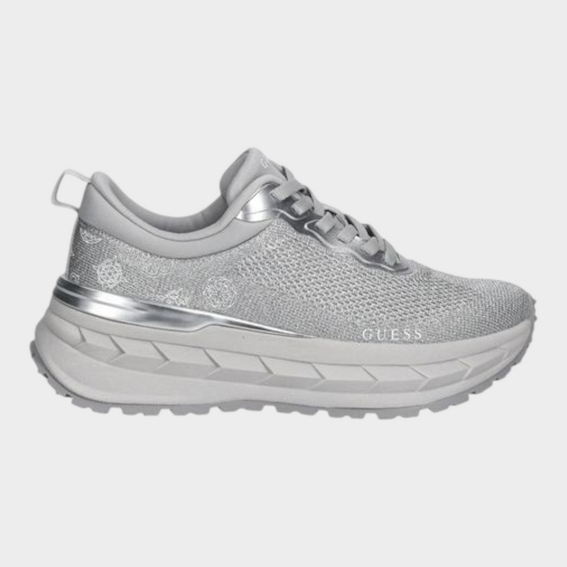 Esmire & Co Guess silver polyester chunky sneakers with a metallic logo and cushioned platform sole.