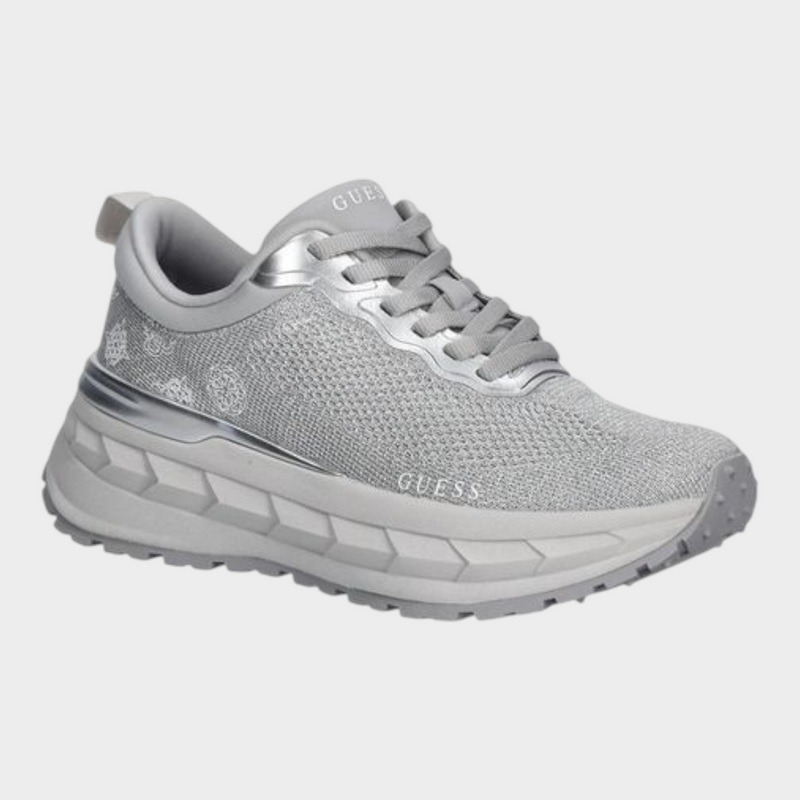 Esmire & Co Guess silver polyester chunky sneakers with a textured knit upper, metallic accents, and a platform sole.