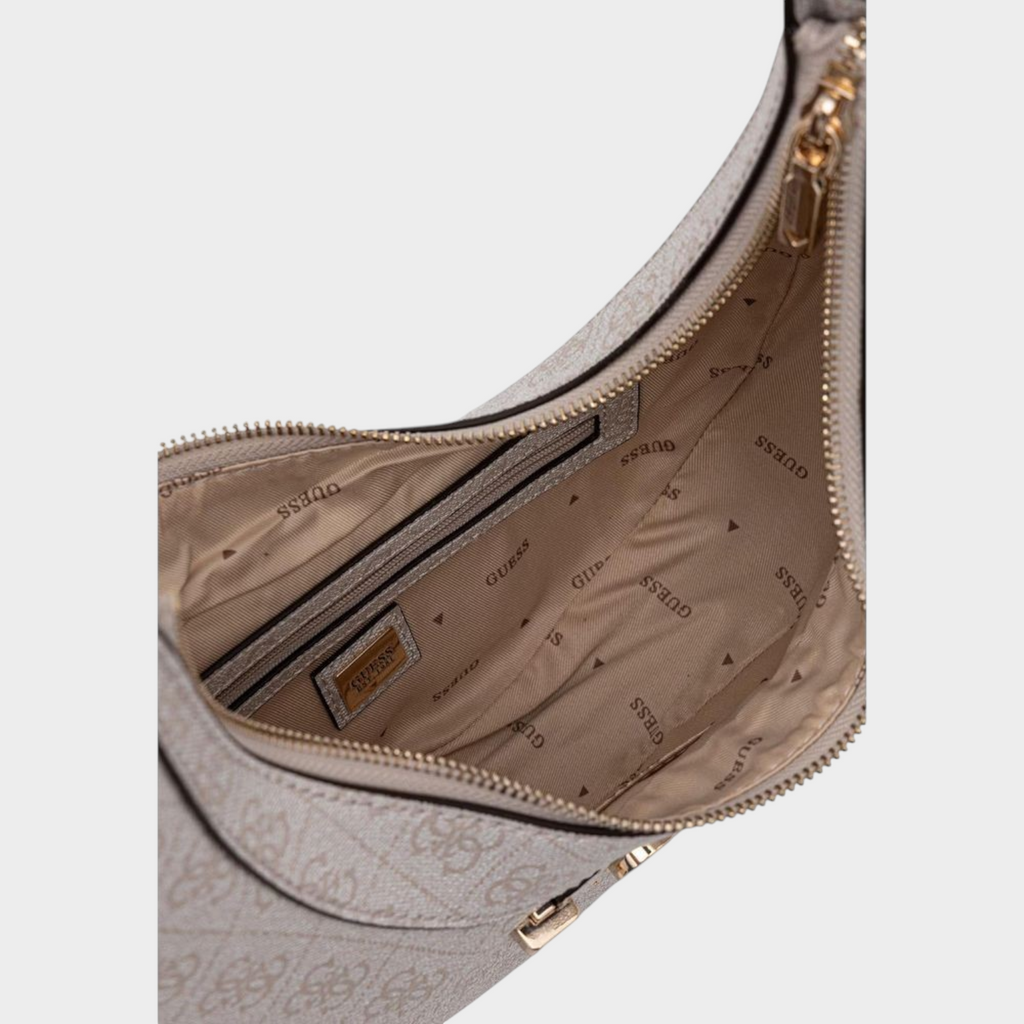Esmire & Co Guess white handbag interior featuring logo-patterned fabric lining, zipper pocket, and gold-tone hardware.
