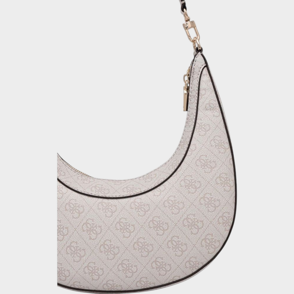 Esmire & Co white Guess crescent handbag with all-over logo print, gold-tone hardware, and shoulder strap.