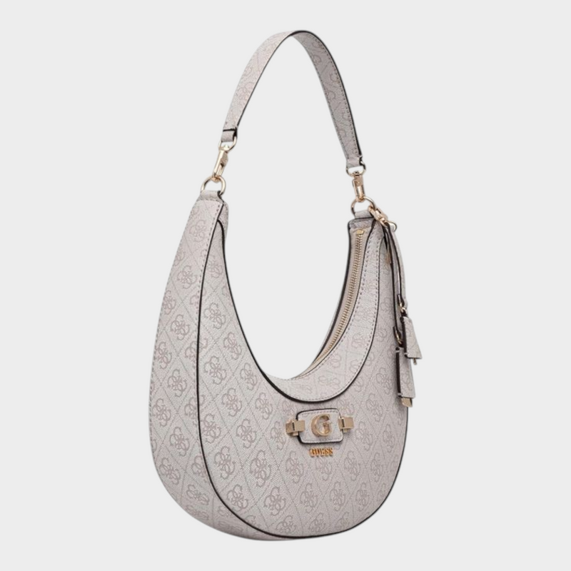Esmire & Co Guess white crescent handbag with all-over logo print, gold-tone hardware, and single shoulder strap.