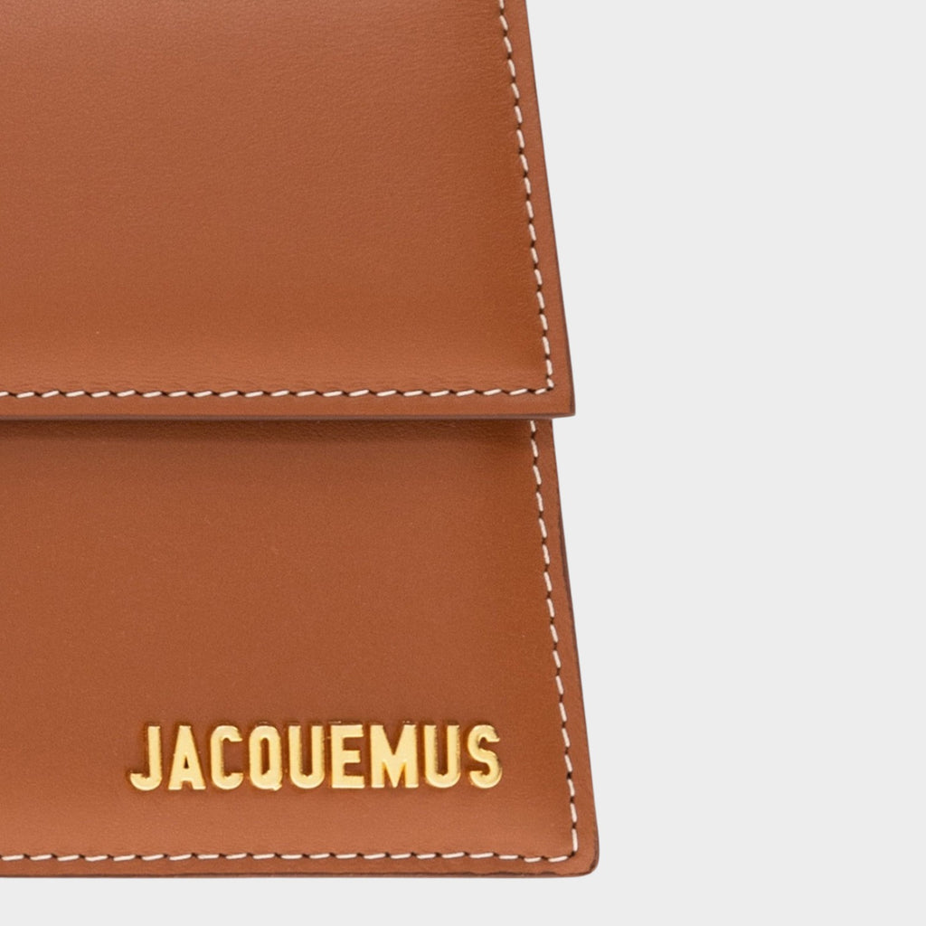 Esmire & Co Jacquemus Le Grand Bambino light brown leather bag with gold logo hardware and white contrast stitching