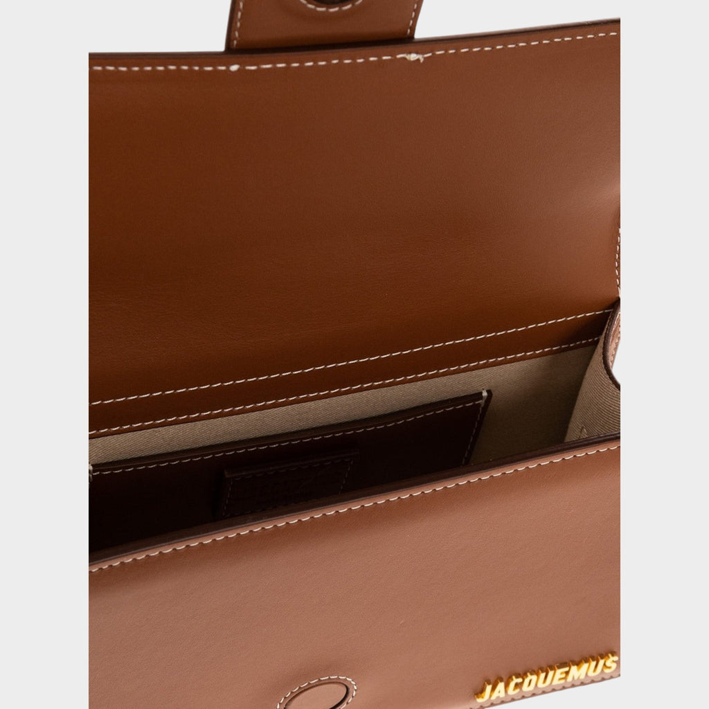 Esmire & Co Jacquemus Le Grand Bambino light brown leather bag interior with magnetic flap and gold logo detail