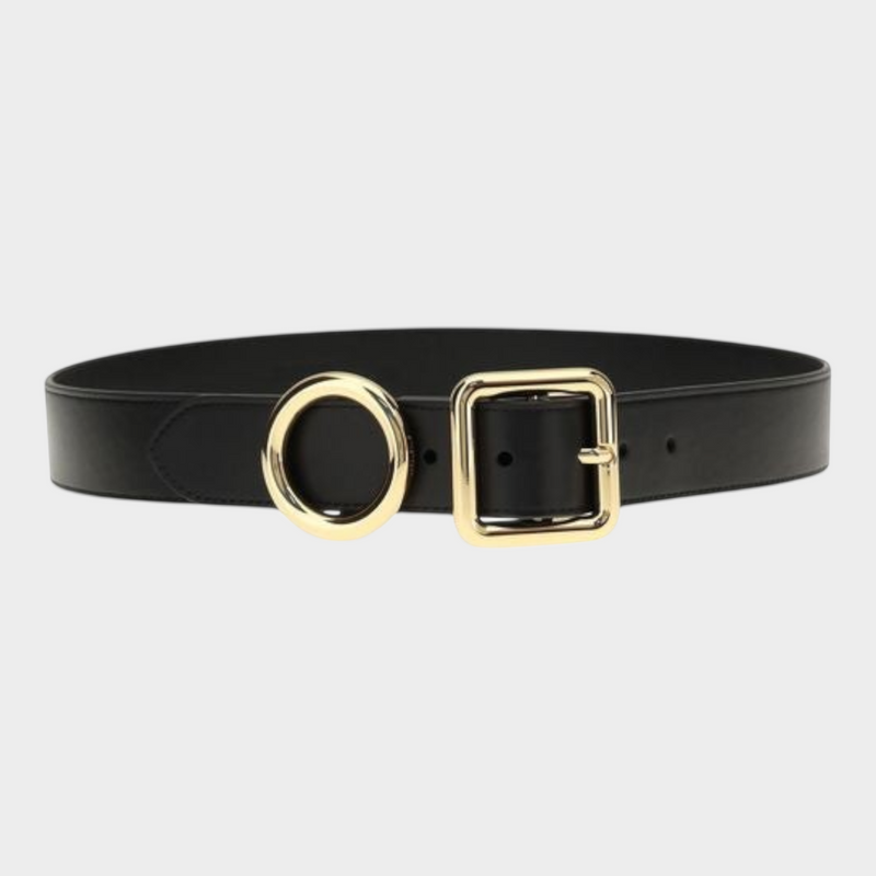 Esmire & Co Jacquemus black calf leather belt featuring gold circular and square metal rings and engraved logo.