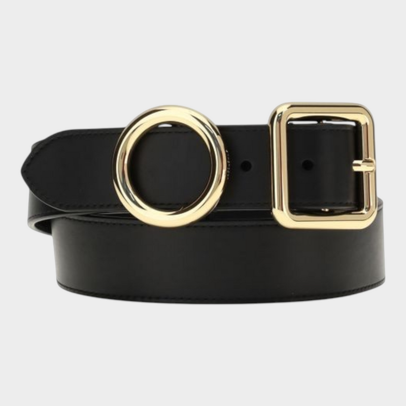 Esmire & Co Jacquemus black calf leather belt featuring circular and square gold metal rings and engraved logo detail.