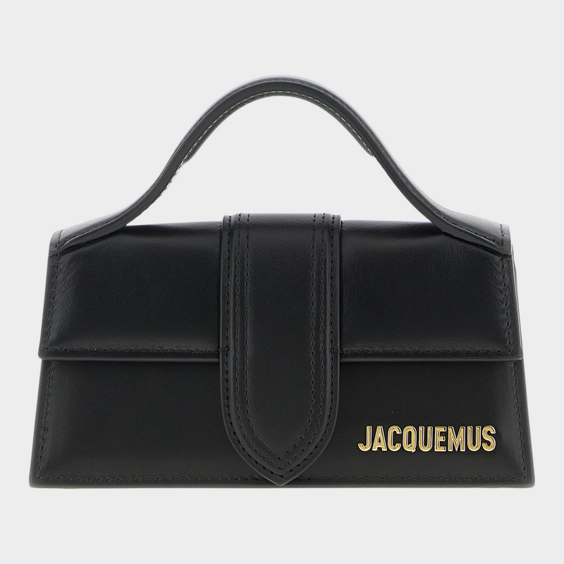 Esmire & Co Jacquemus Le Bambino black cowhide leather handbag with gold metal logo and fixed top handle