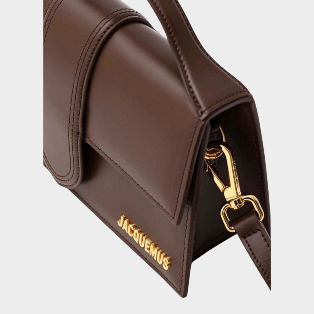 Esmire & Co Jacquemus Le Grand Bambino brown leather handbag with gold logo hardware and detachable shoulder strap