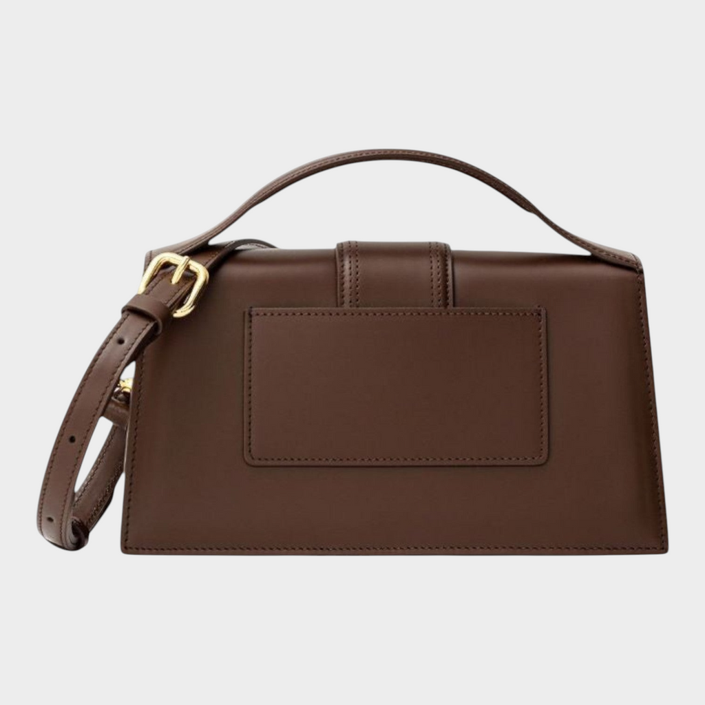 Esmire & Co Jacquemus Le Grand Bambino brown leather handbag featuring a structured architectural design and rear pocket